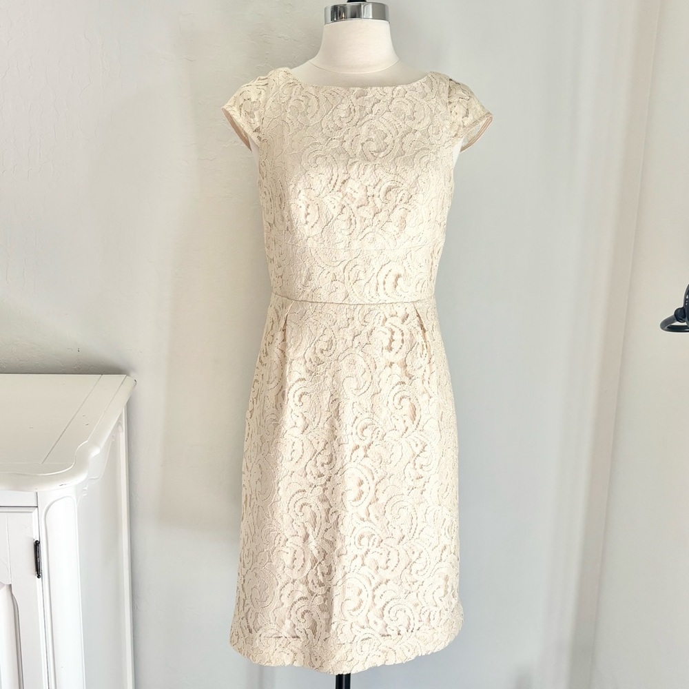 J Crew Elsa Lace Overlay Cap Sleeved Sheath Dress In Cream, Size 4